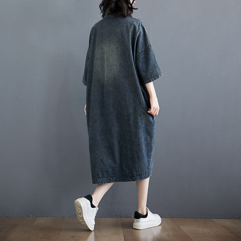 Retro Literary Stitching Shirt Skirt Loose And Thin Denim Dress