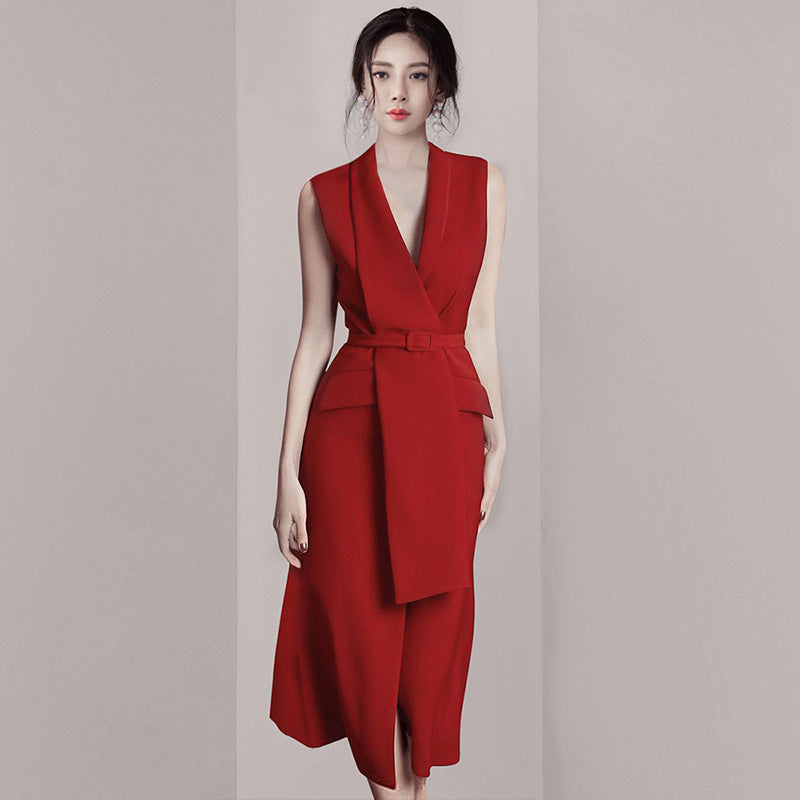 New Irregular Red Suit Collar Dress For Autumn And Winter