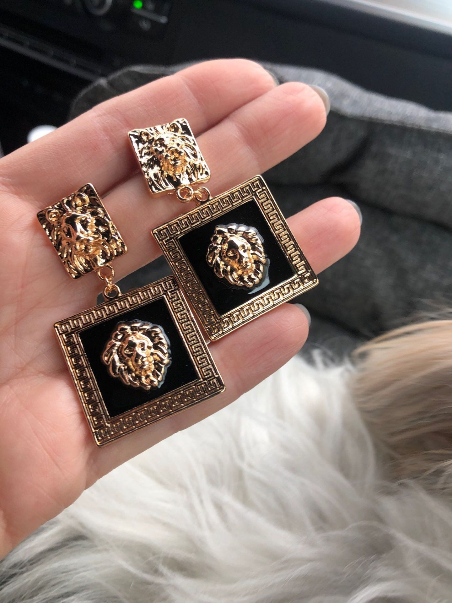 Lion Head Metal Big Lobed Geometric Enamel Square Exaggerated Punk Earrings