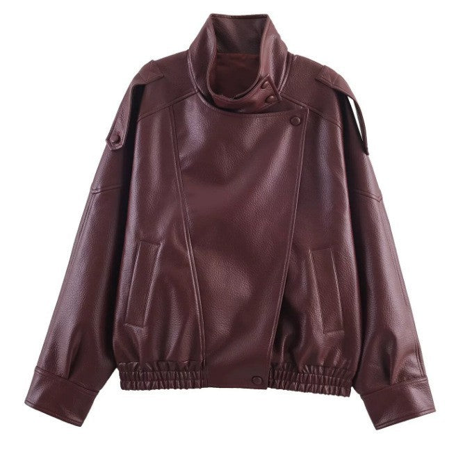 Womens Stylish Stand-up Collar Faux Leather Jacket