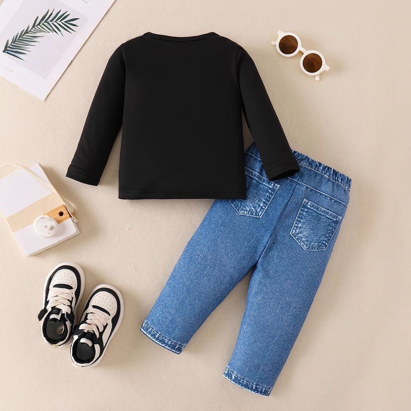 Stylish Long-sleeve Top Paired With Faux Denim Jeans