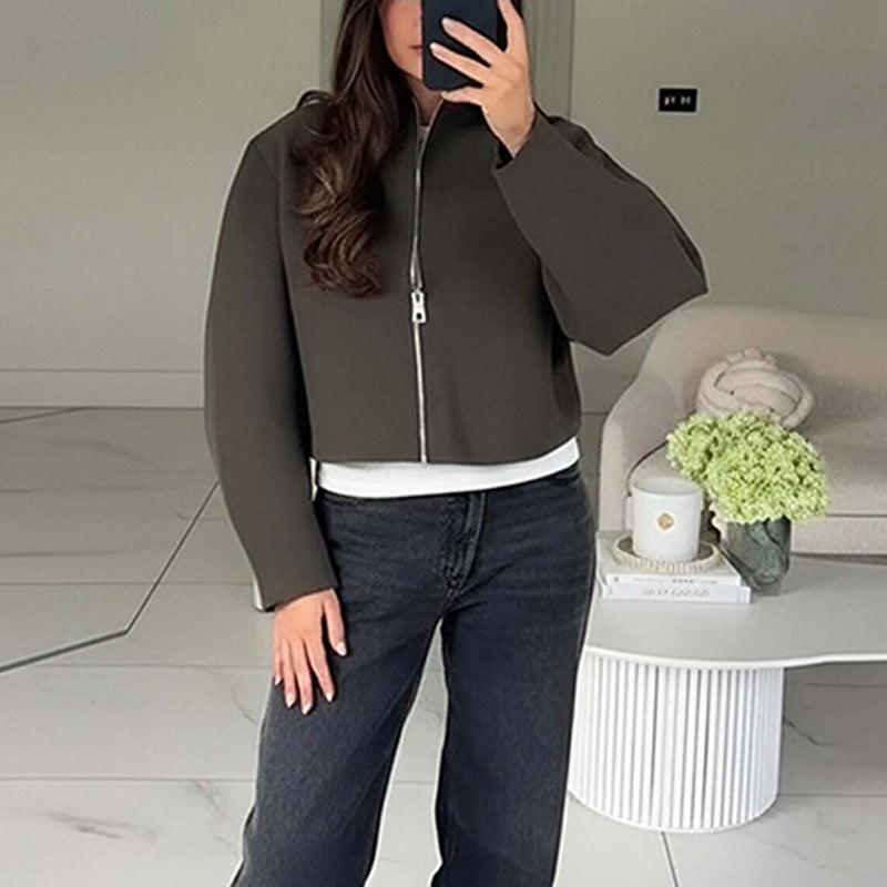 Solid Color Casual Stand Collar Zip Loose Jacket Coat Women