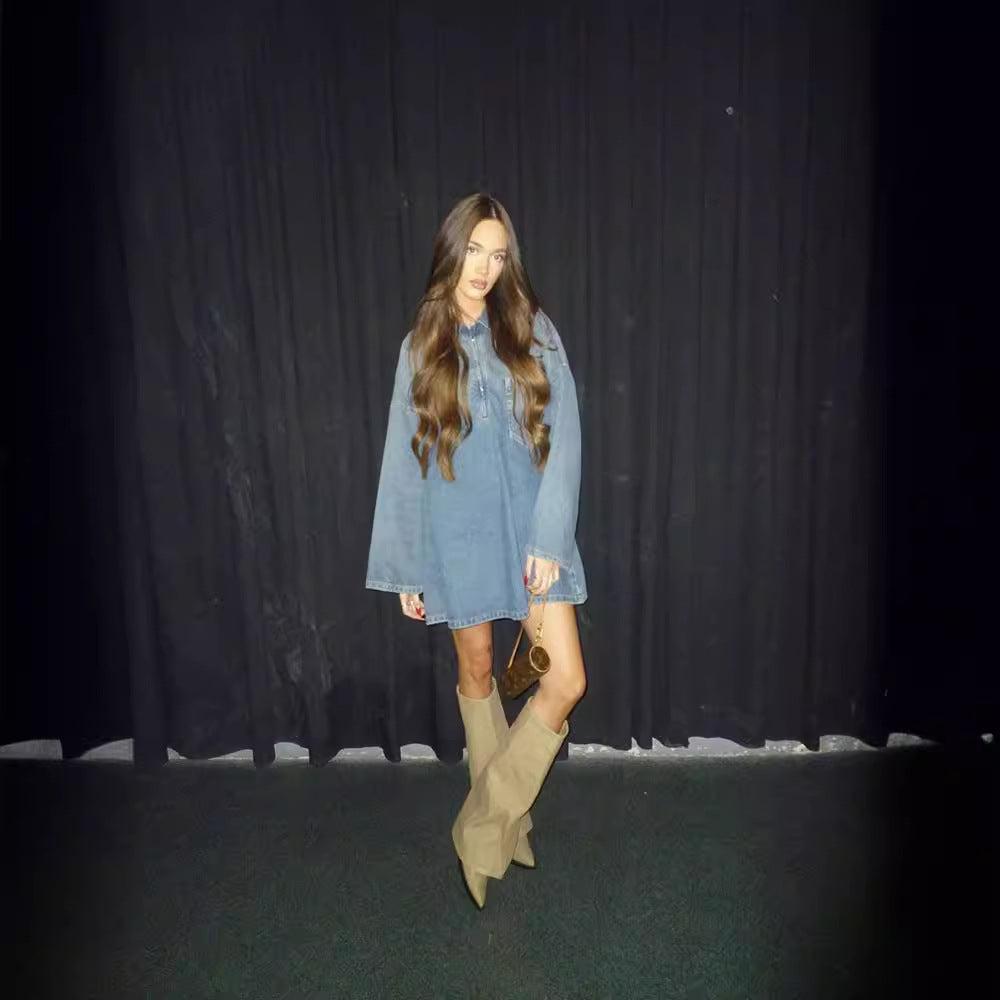 Lapel Patch Pocket Bell Sleeve Denim Dress