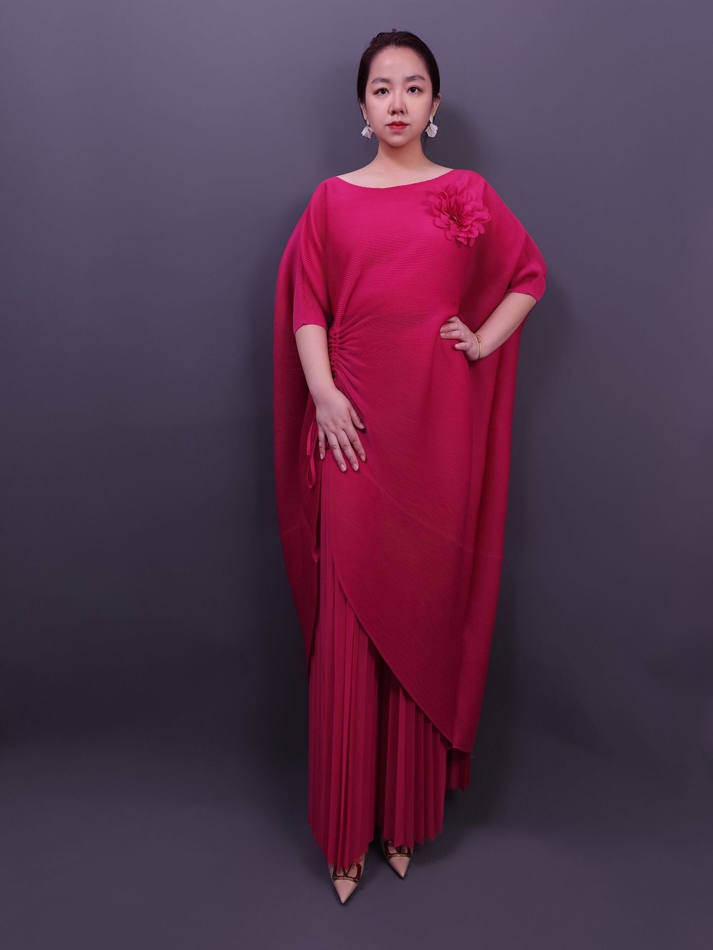 Solid Color Bat Sleeve Loose Drawstring Fashion Slimming