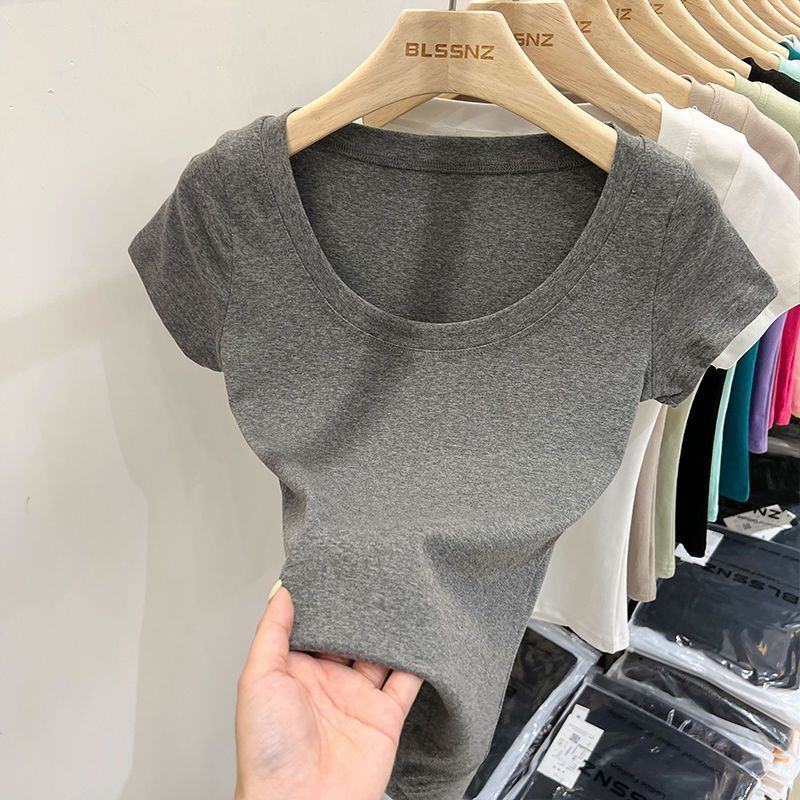 Women's Cotton Short-sleeved T-shirt Sweet And Spicy Collarbone Design Sense Slim-fit Crop-top