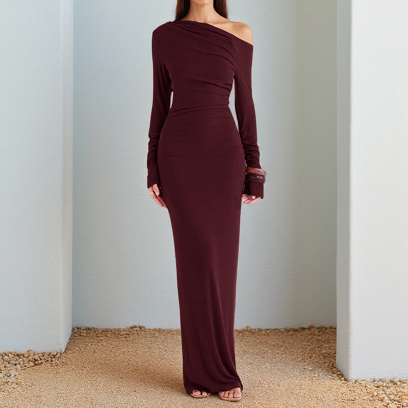 Oblique Shoulder Sexy Backless Long Sleeve Slim Dress Women Ins
