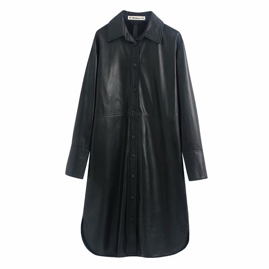 Lapel long sleeve leather shirt jacket women