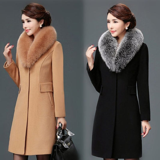 High quality fur collared women's wool coat
