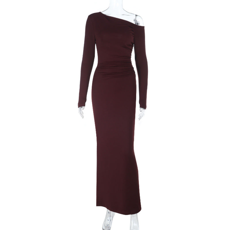 Oblique Shoulder Sexy Backless Long Sleeve Slim Dress Women Ins