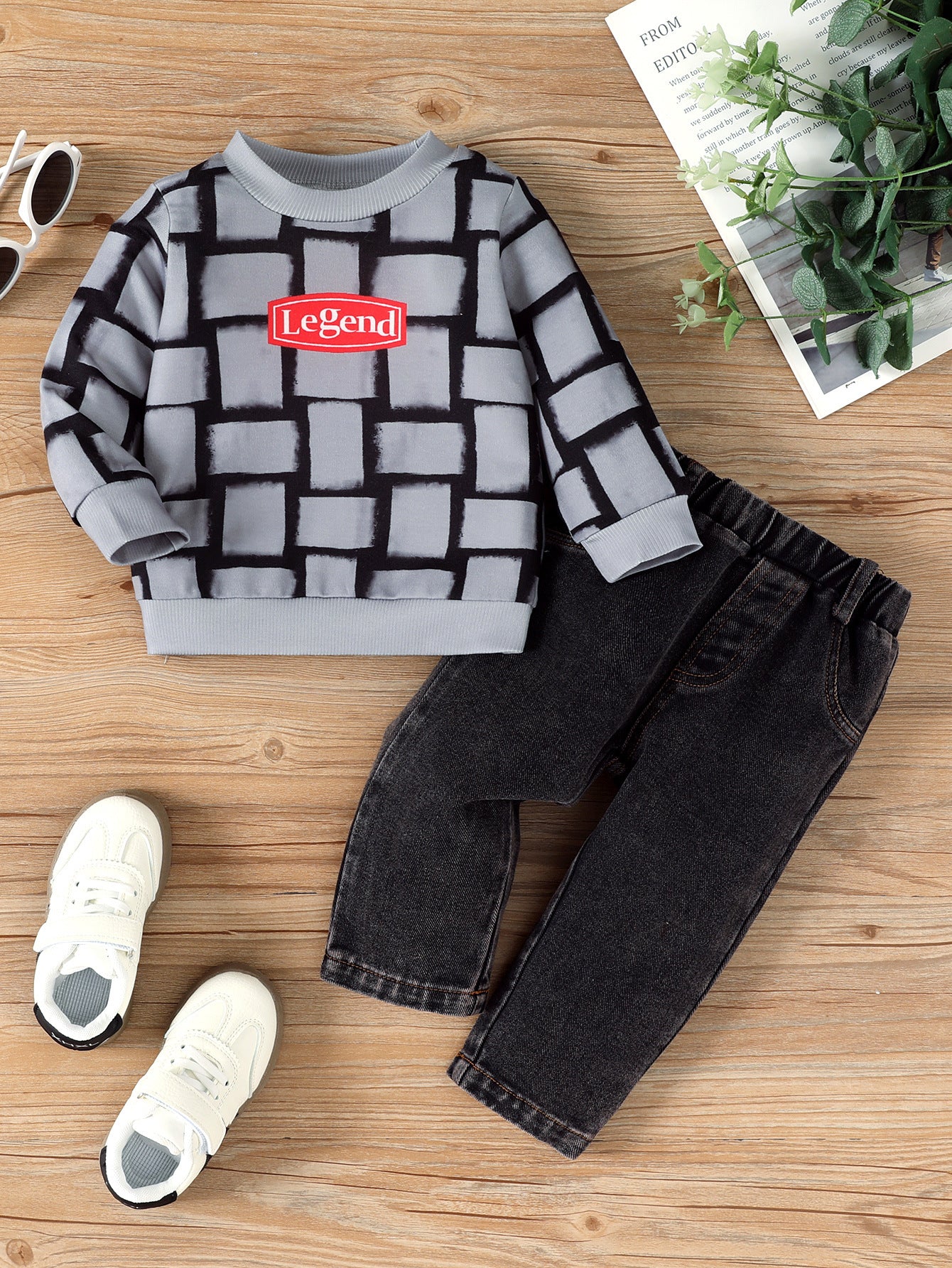 Letter-Printed Personalized Long-Sleeve Top And Pants Set For Baby Boys