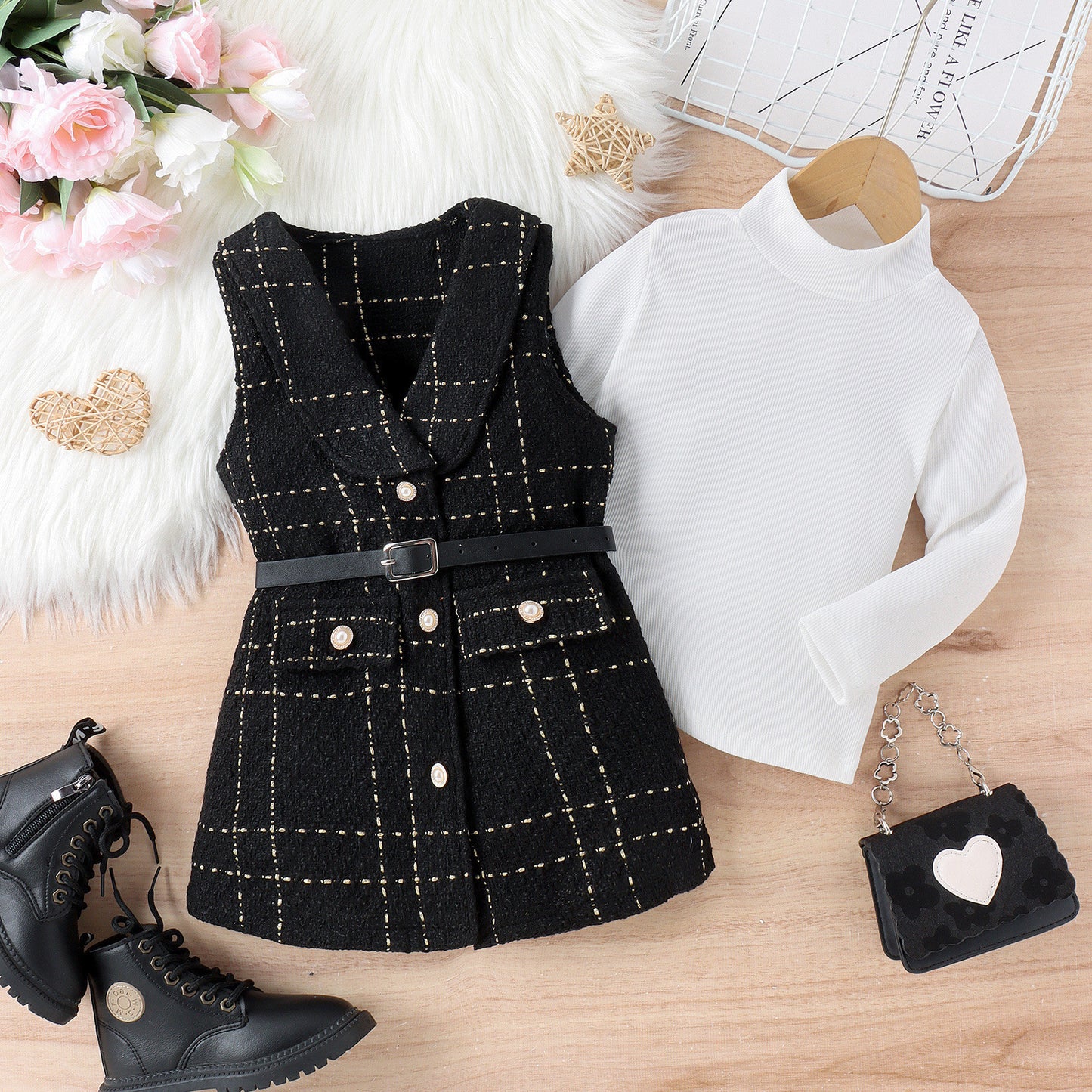Turtleneck Ribbed Long-sleeve T-shirt And Belt Set
