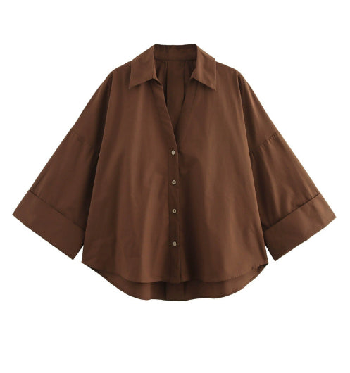Casual All-matching Lapel Striped Wide Sleeve Shirt