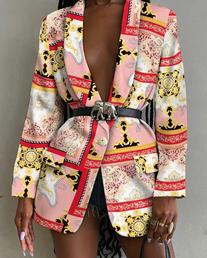 Fashion jacket with printed shawl collar and simple belt women's jacket