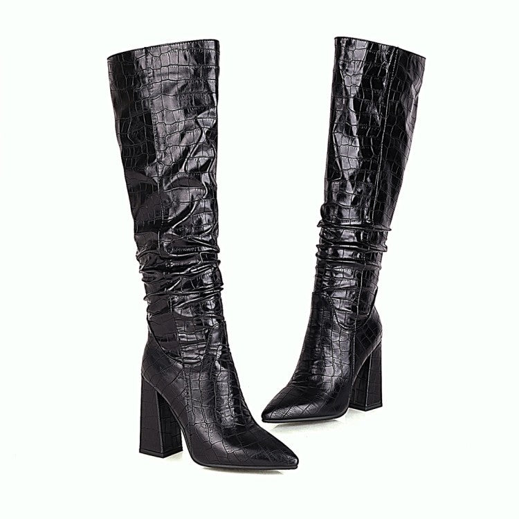 Block-heeled High-heeled High Boots With Embossed Leather Pointed Toe