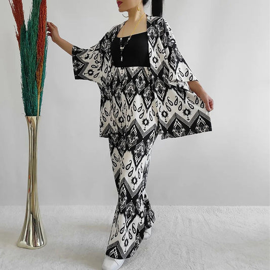 Women's Fashion Casual Loose Floral Print Mid-length Sleeves Shirt Wide Leg Pants Suit