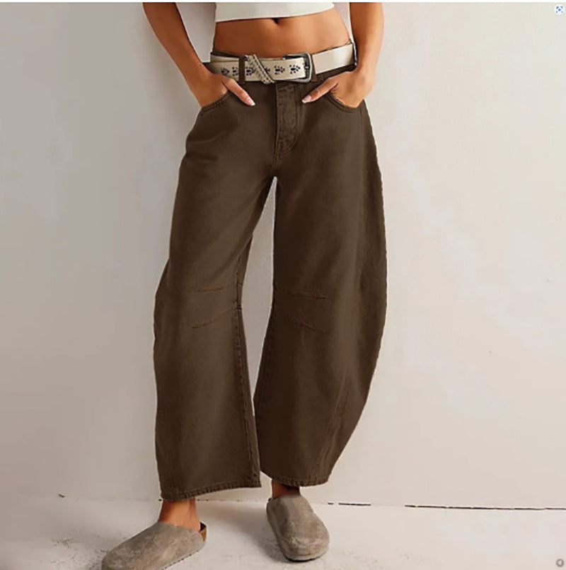 High Stretch Mid-Rise Barrel Jeans Fashion Wide Leg Shape Women Casual Baggy Mid Waist Denim Jeans