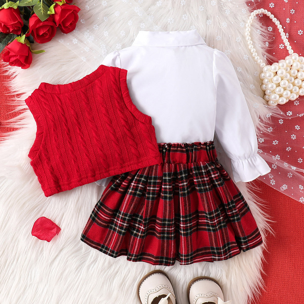 Fashionable Red Vest And Plaid Skirt Set