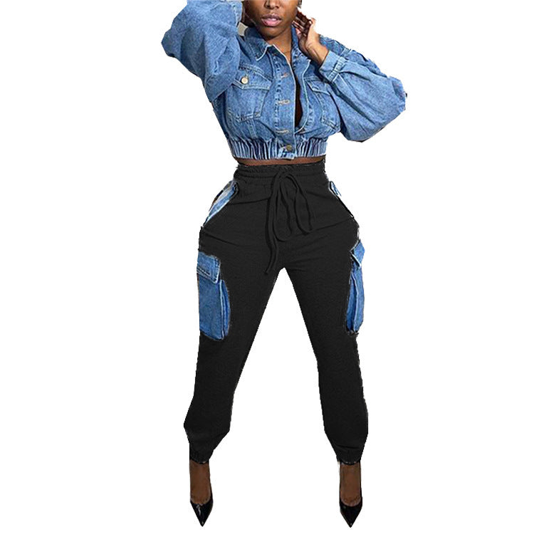 Women's Street Cool Imitation Denim Large Pocket High Waist Tooling Pants