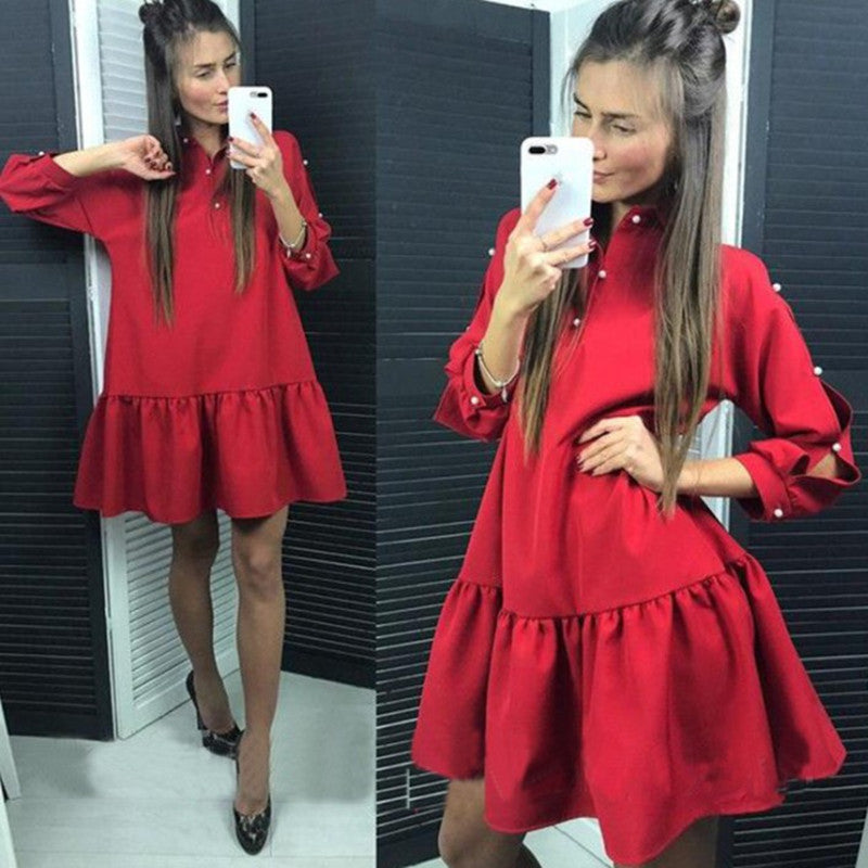 New pearl button nine-point sleeve skirt ruffled stitching long loose dress
