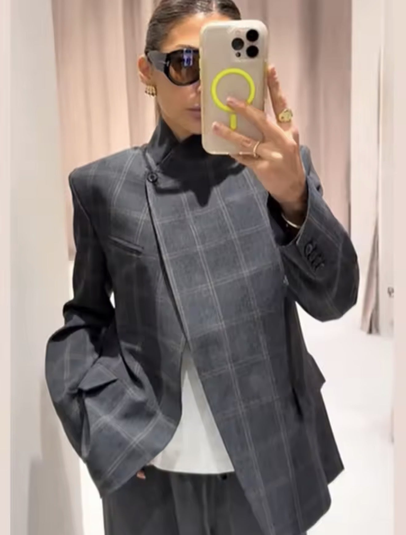 Womens Plaid Stand Collar Single-Breasted Long-Sleeve Casual Blazer