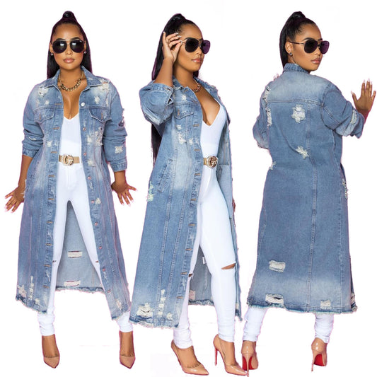 Blue Hole Washed Loose Long Sleeve Denim Coat