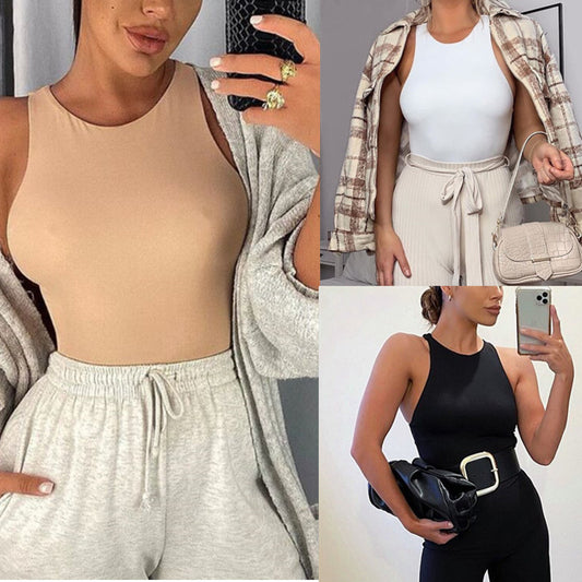 Solid color round neck sleeveless bodysuit