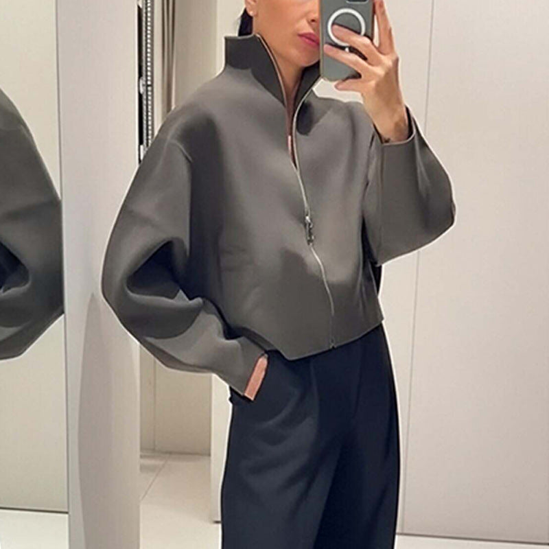 Solid Color Casual Stand Collar Zip Loose Jacket Coat Women
