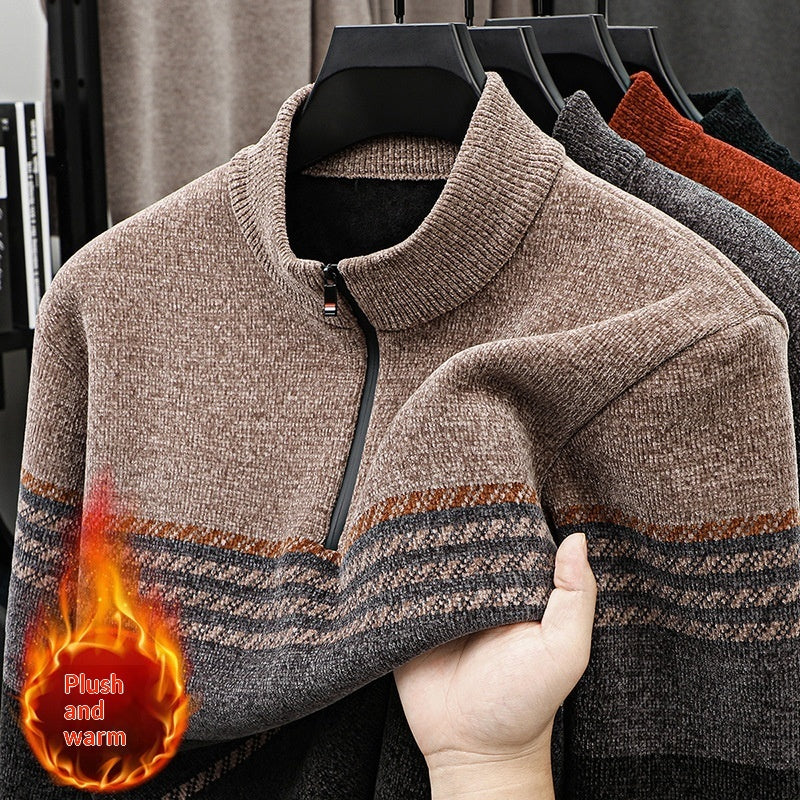 Fleece-lined Extra-thick Half-zip Sweater For Young Men