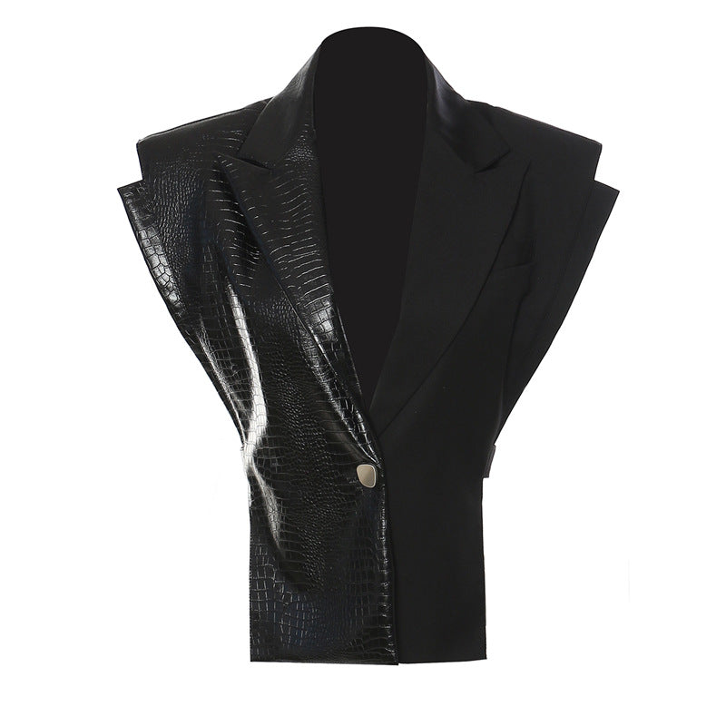 Black Vest Stitching Leather Personalized Cut Fashion Waist-controlled Coat