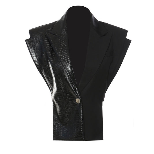 Black Vest Stitching Leather Personalized Cut Fashion Waist-controlled Coat