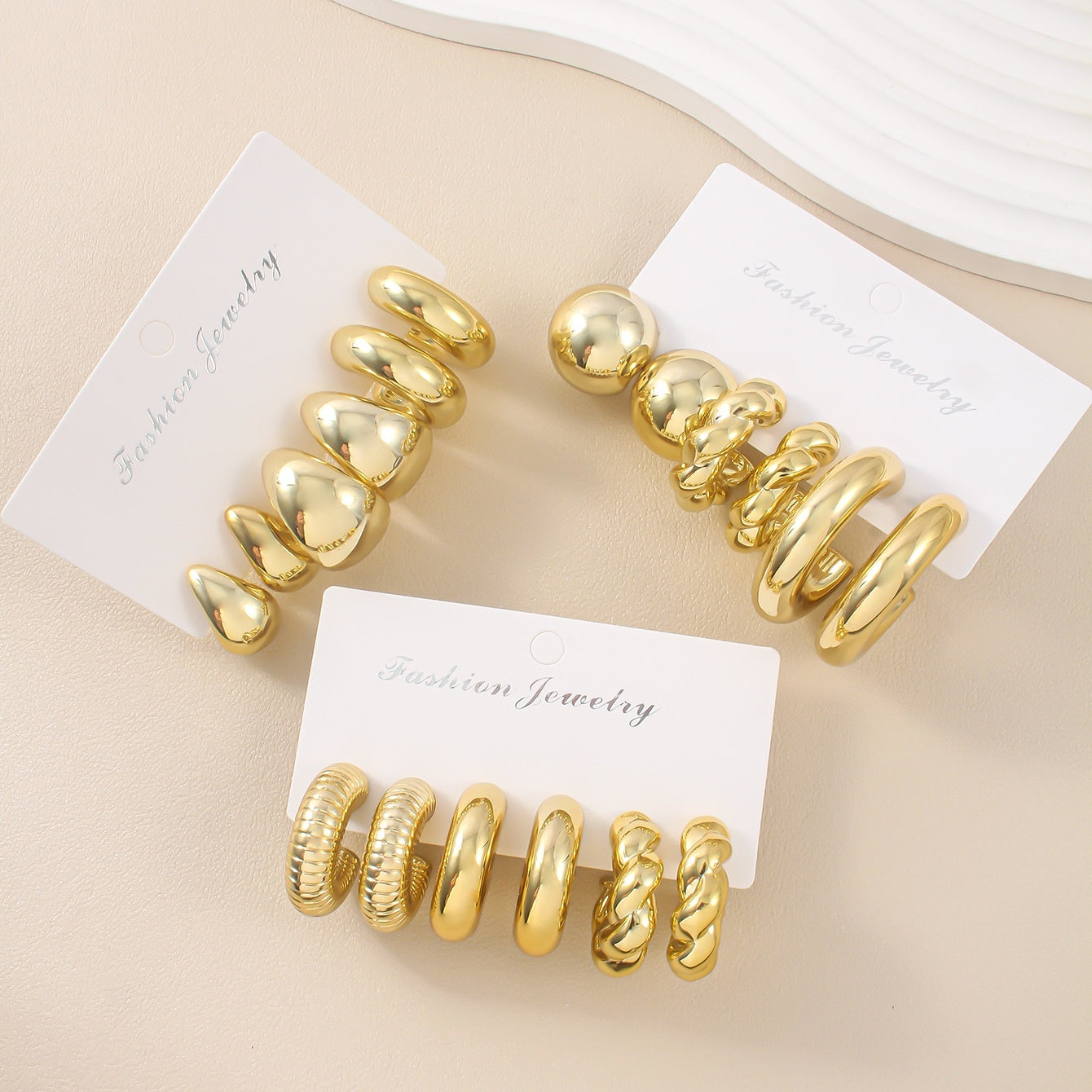 Golden Personality CCB Earrings Creative Double Circle Earring Set 3 Pairs