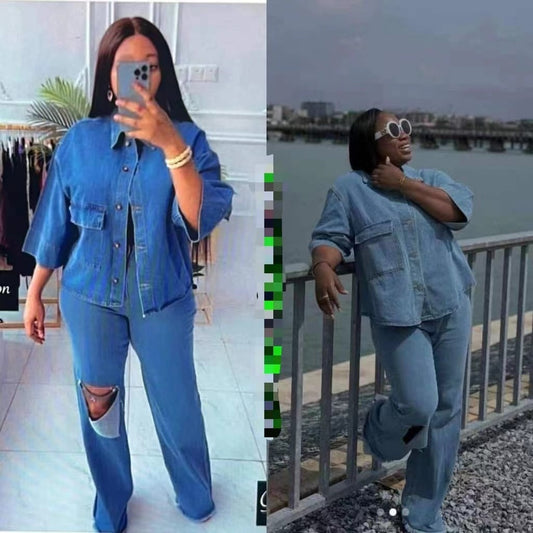 Personality Shirt Top Ripped Denim Trousers Two-piece Set
