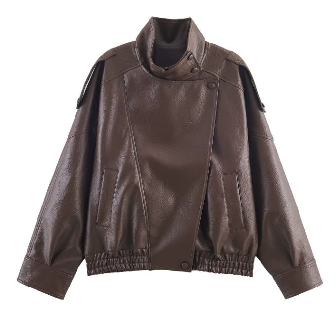 Womens Stylish Stand-up Collar Faux Leather Jacket
