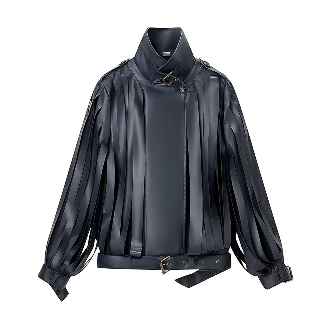 Stylish And Sophisticated Faux-leather Jacket With Tassels