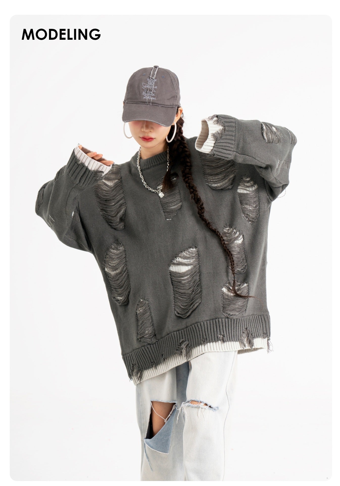 Men and Women Fake Two-piece Hole Oversize Design Sense Idle Style Couple Sweater