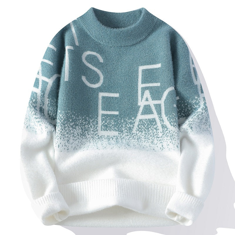 Mens Thickened Warm Color-Block Sweater