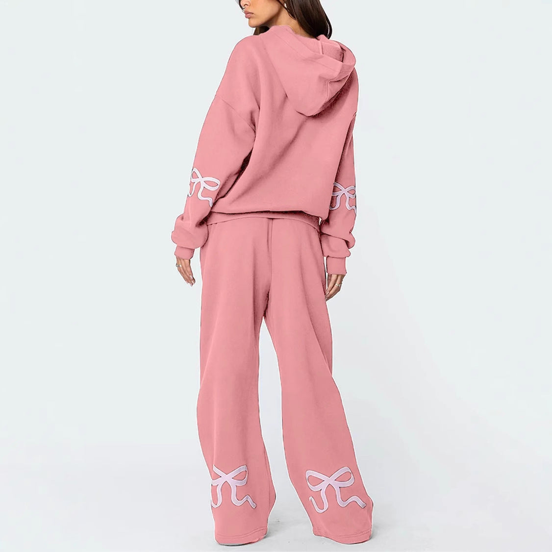 Outdoor Sports Loose Bowknot Printed Women's Casual Sweatshirt Sweatpants Suit