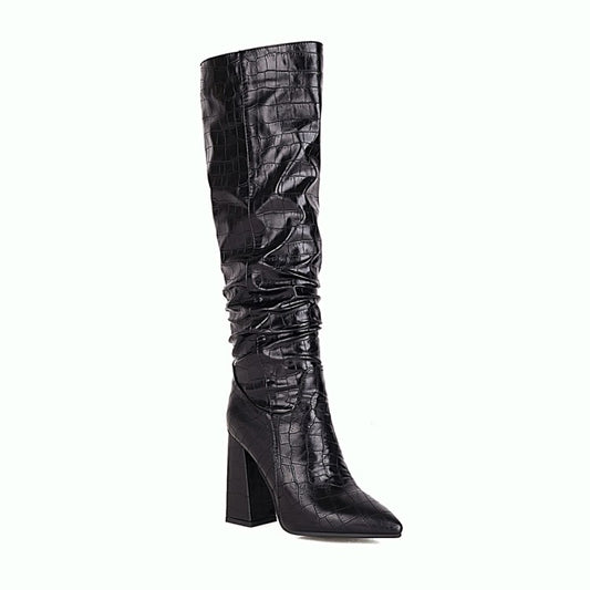 Block-heeled High-heeled High Boots With Embossed Leather Pointed Toe