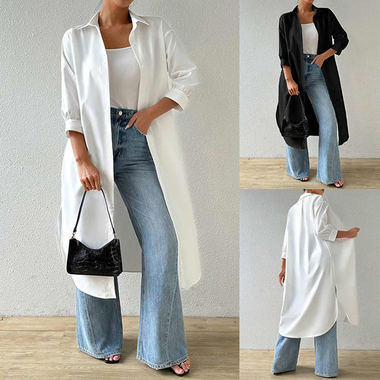 Womens Versatile Long Solid-color Cardigan With Three-quarter Sleeves