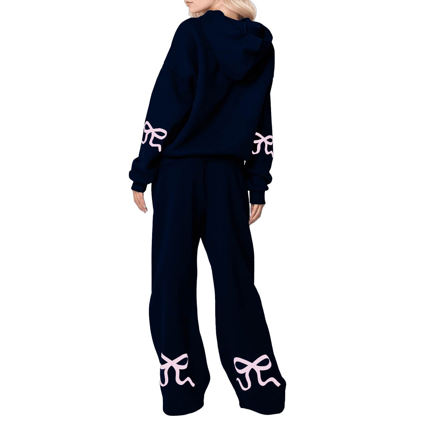 Outdoor Sports Loose Bowknot Printed Women's Casual Sweatshirt Sweatpants Suit