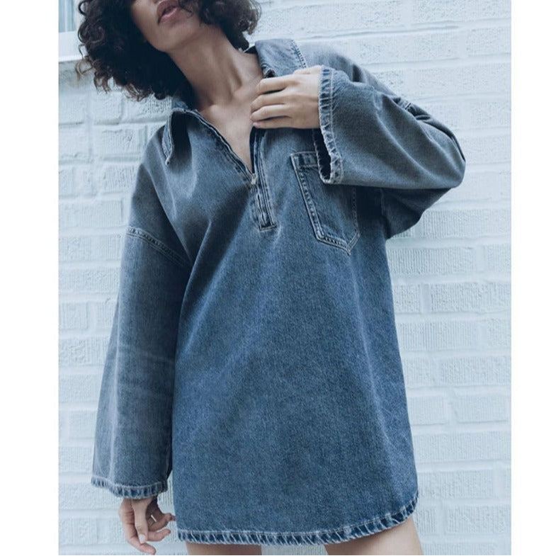 Lapel Patch Pocket Bell Sleeve Denim Dress