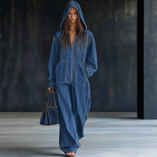 European And American Hooded Overall Jeans Women