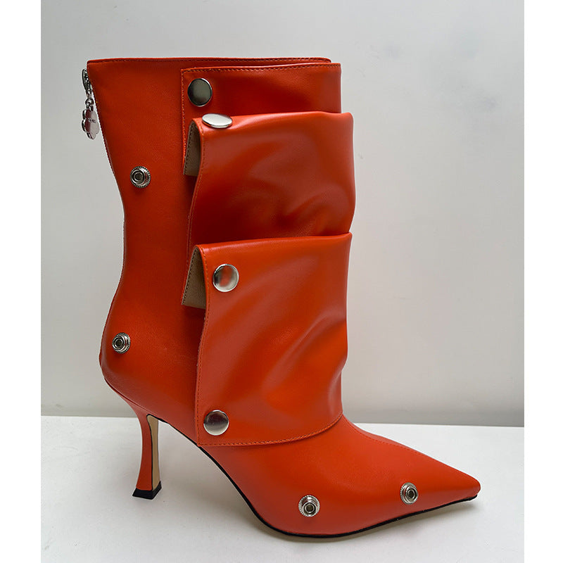 Women's High-heeled Pointed-toe Denim Patchwork Ankle Boots With Metal Studs