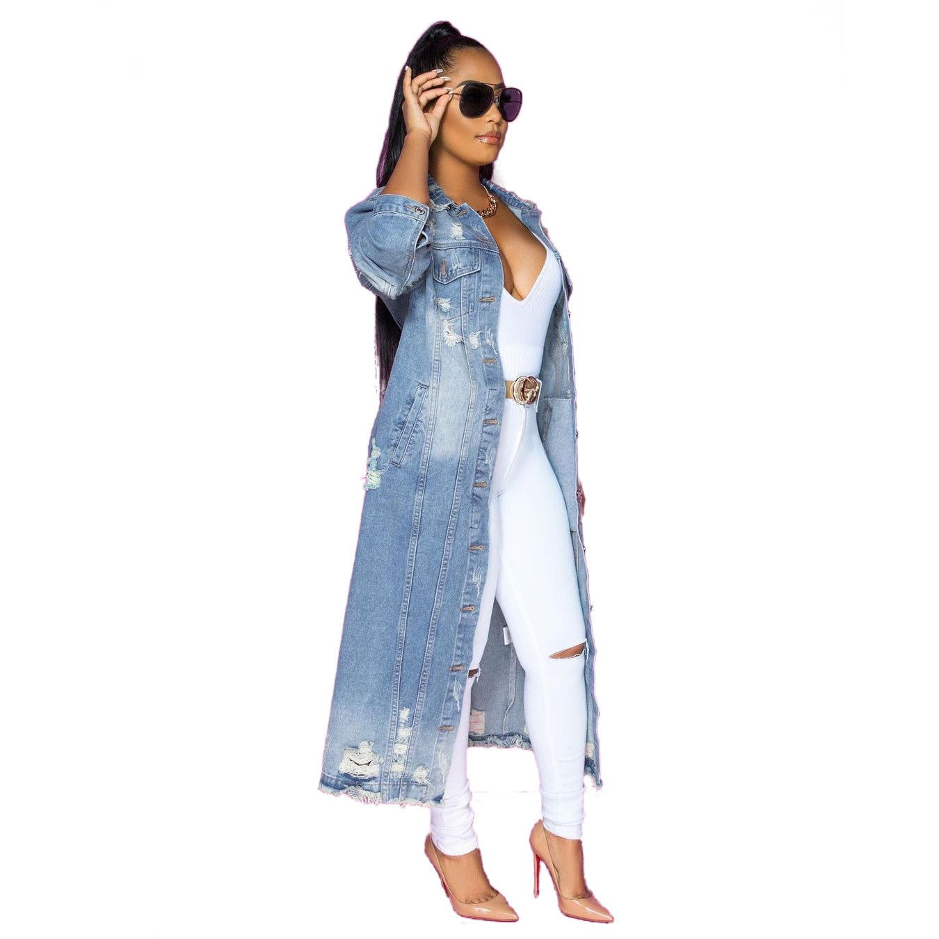Blue Hole Washed Loose Long Sleeve Denim Coat
