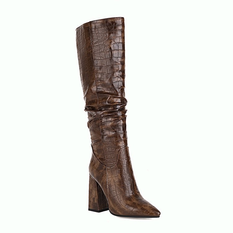Block-heeled High-heeled High Boots With Embossed Leather Pointed Toe