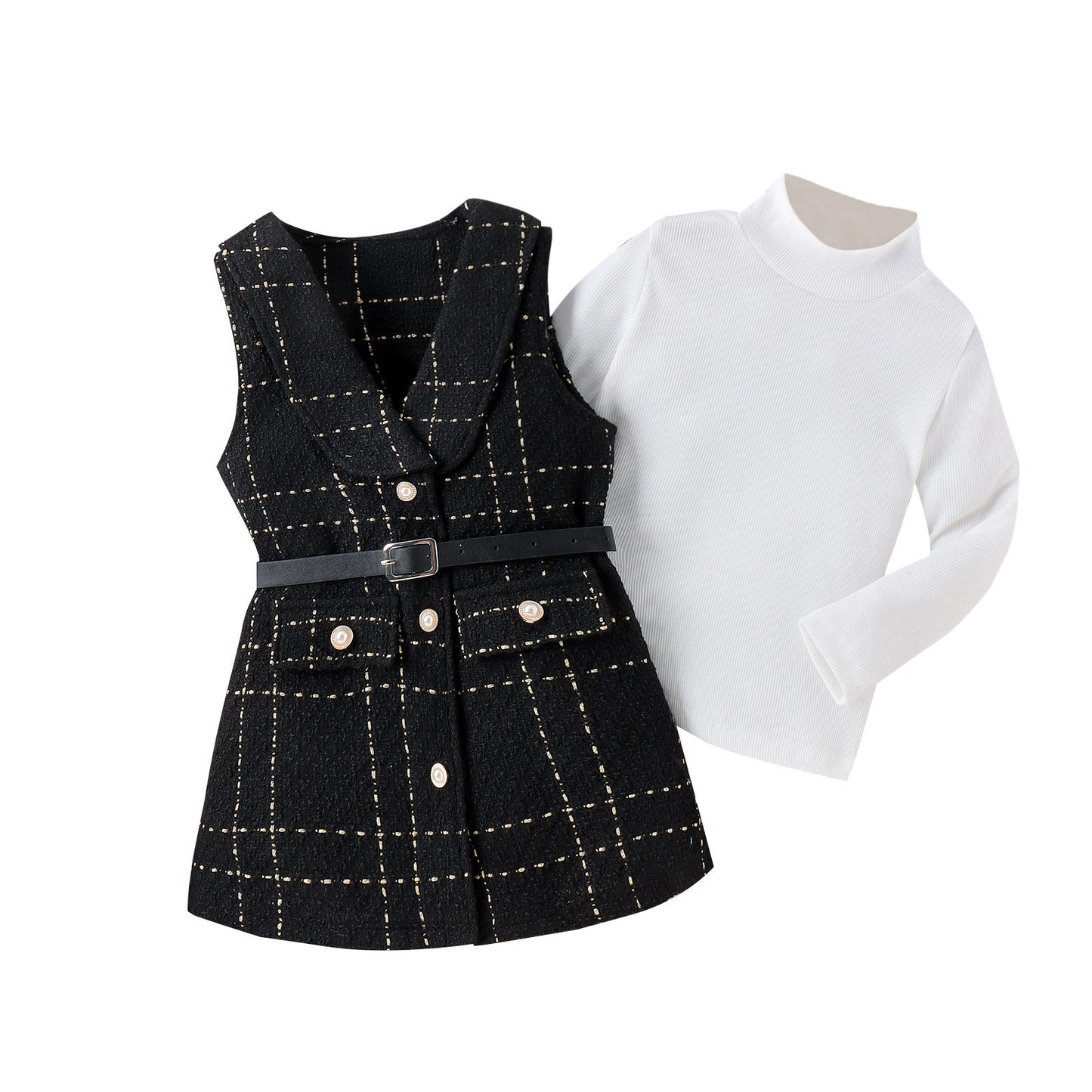 Turtleneck Ribbed Long-sleeve T-shirt And Belt Set