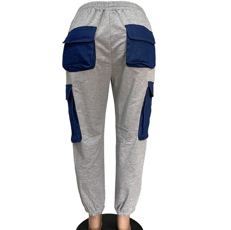 Women's Street Cool Imitation Denim Large Pocket High Waist Tooling Pants