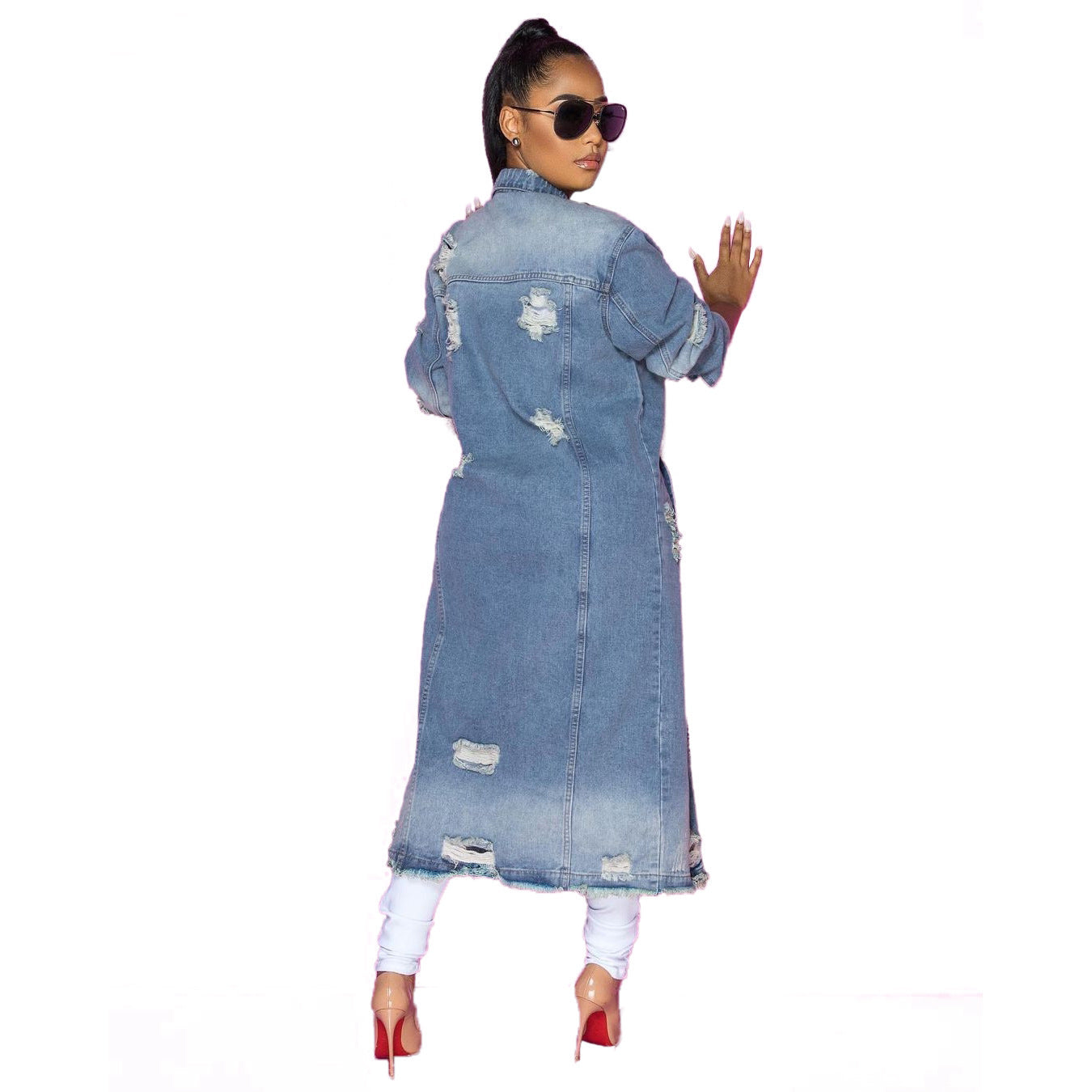 Blue Hole Washed Loose Long Sleeve Denim Coat