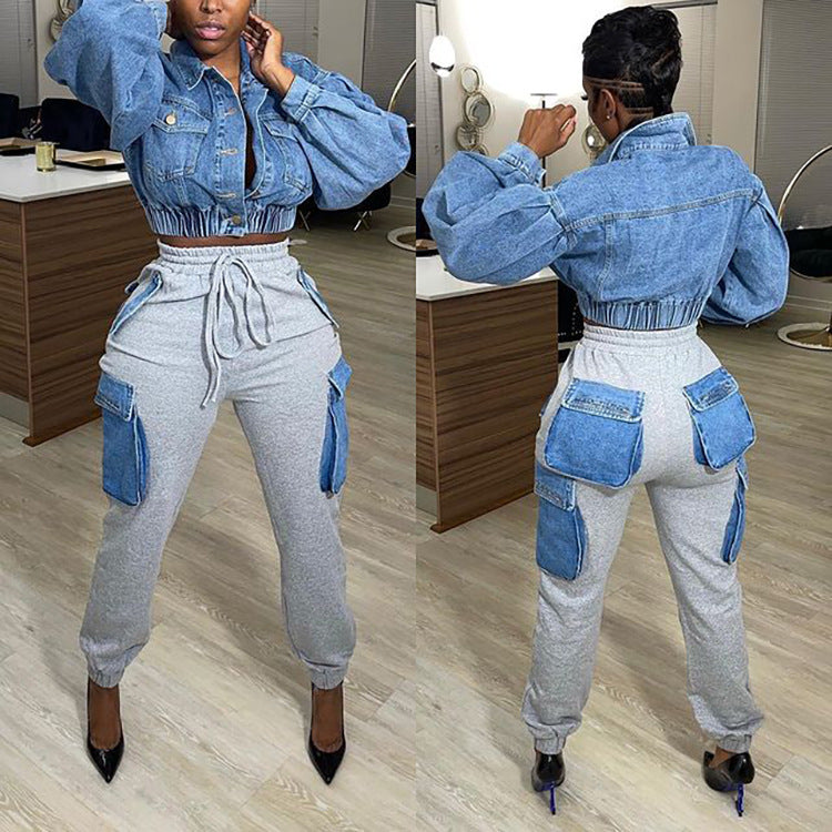 Women's Street Cool Imitation Denim Large Pocket High Waist Tooling Pants