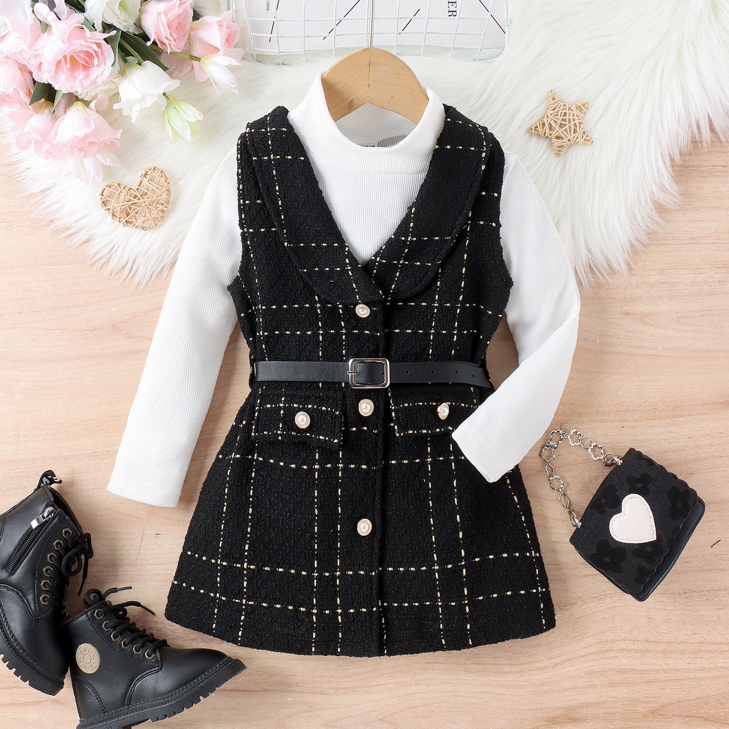 Turtleneck Ribbed Long-sleeve T-shirt And Belt Set